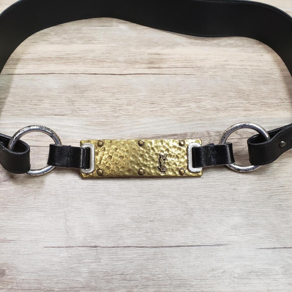 Yves Saint Laurent Belt Womens 34 Black Leather Hammered Metal Logo Plaque Italy